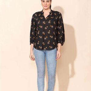 TAMSY Maple Leaf Pattern Blouse Woven Polyester Button Up Full Sleeve Black